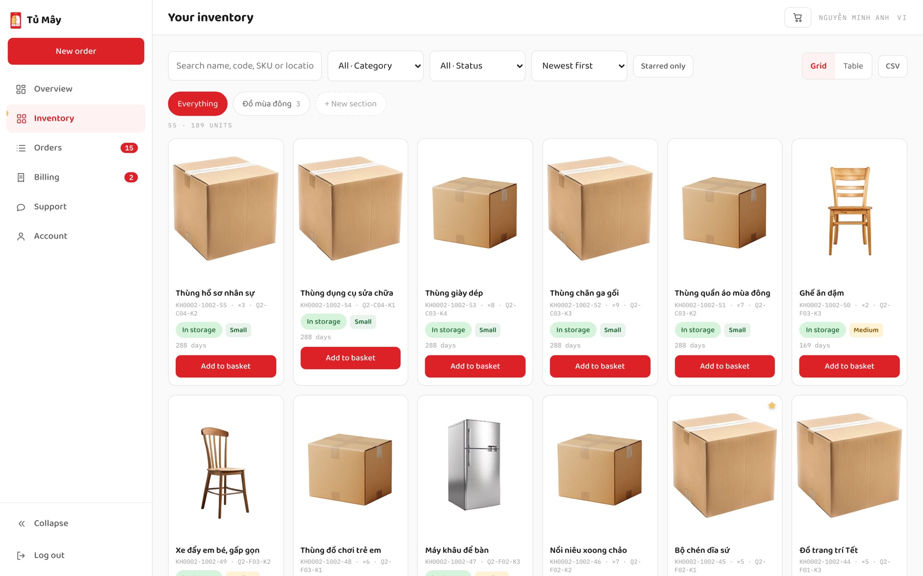 Tủ Mây dashboard, inventory